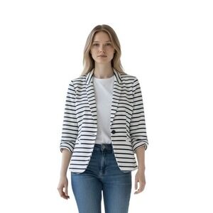 Express Women's Size M Blazer Navy Striped 3/4 Sleeve Stretch Nautical Preppy